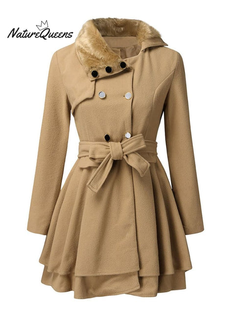 Women's Dress Jacket Trench Fur Collar Winter Long Peacoat Coat Outwear