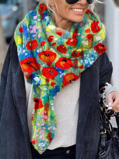 Women's Flower Print Casual Knitted Blanket Poncho Hood Cape