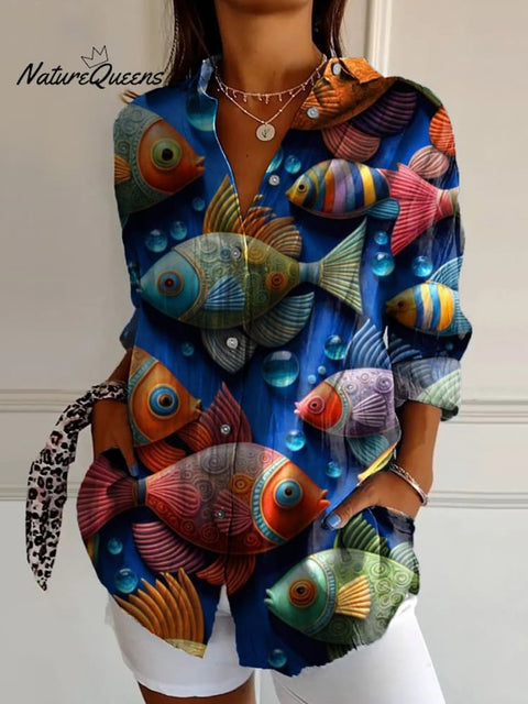 3D Fish Art Printed Women's Casual Cotton Shirt