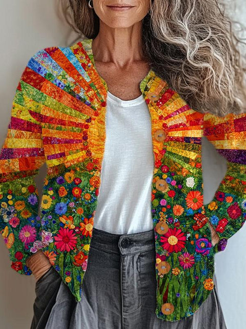 Retro Hippie Art Print Buttoned Cardigan Sweater