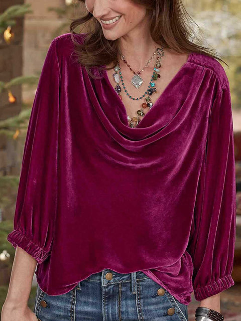 Women's Elegant Solid Color Gold Velvet Pile Collar Pleated Shirt