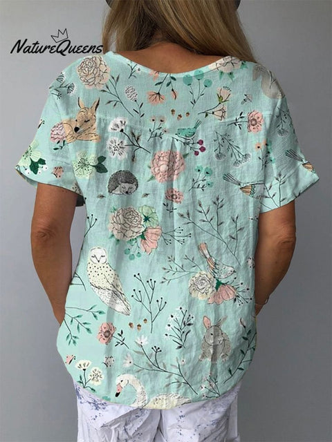 Lovely Spring Woodland Pattern Printed Women's Casual Cotton And Linen Shirt