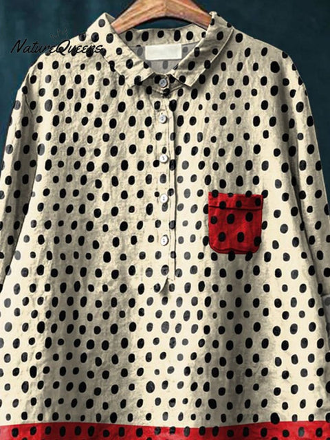 Abstract Dot Art Printed Women's Casual Cotton And Linen Shirt