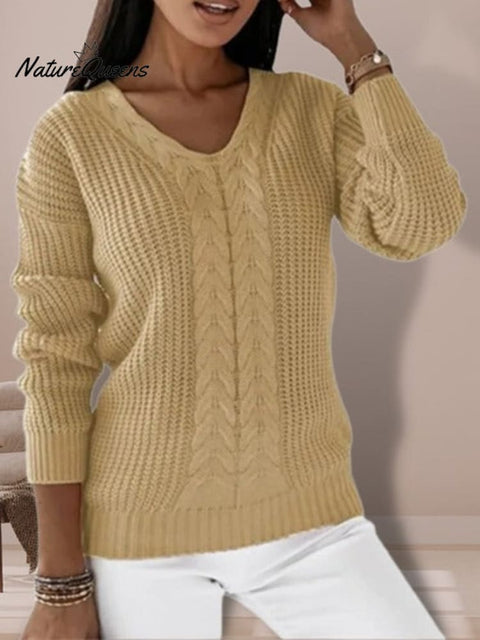 Women's Sweater Long Sleeve V Neck Solid Color Twist Casual Knitted Pullover Top