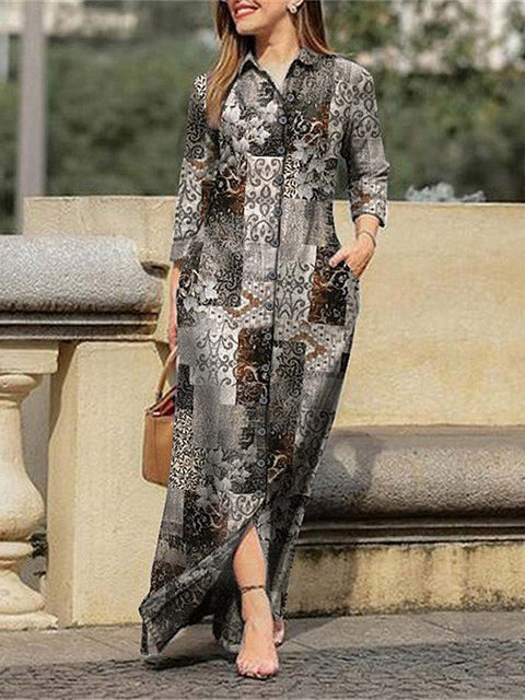 Women's Geometric Floral Pattern Art Print Loose Elegant Casual Lapel Long Sleeve Cotton Long Shirt Dress