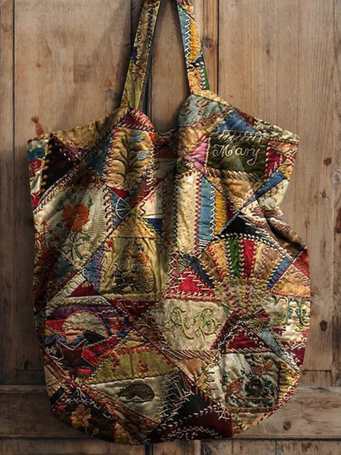 Retro Patchwork Pattern Printed Linen Tote Bag