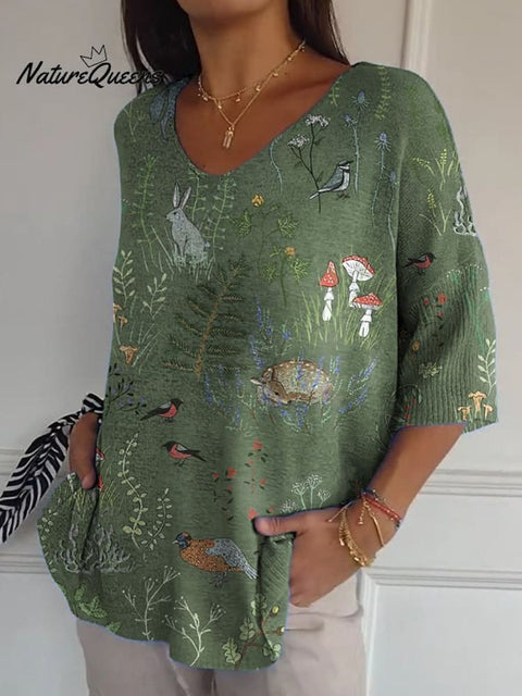 Woodland And Animals Repeat Pattern Printed Women's Casual Pullover Knit