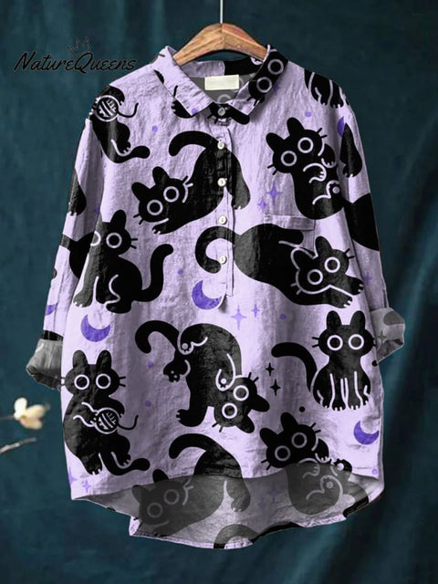 Women's Purple Little Black Cat Print Casual Cotton And Linen Shirt