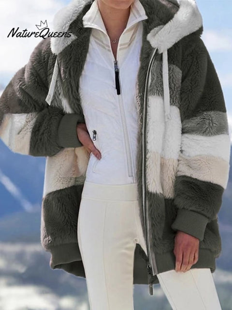 Autumn and Winter Loose Plush Multicolor Hooded Jacket