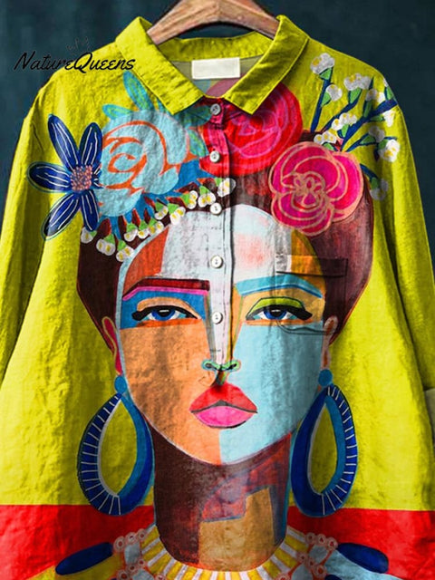 Oil Painting Freda Portrait Art Printed Women's Casual Cotton And Linen Shirt