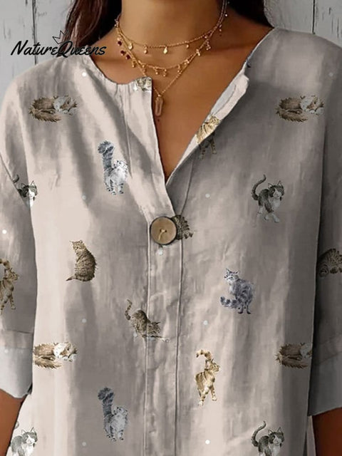 Lovely Petite Cats Pattern Printed Women's Casual Cotton Linen Shirt