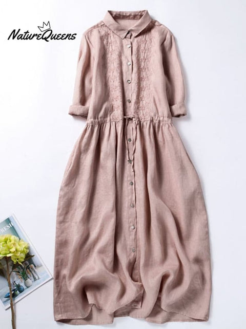3/4 Sleeves Cotton Linen Loose And Slim Embroidered Dress