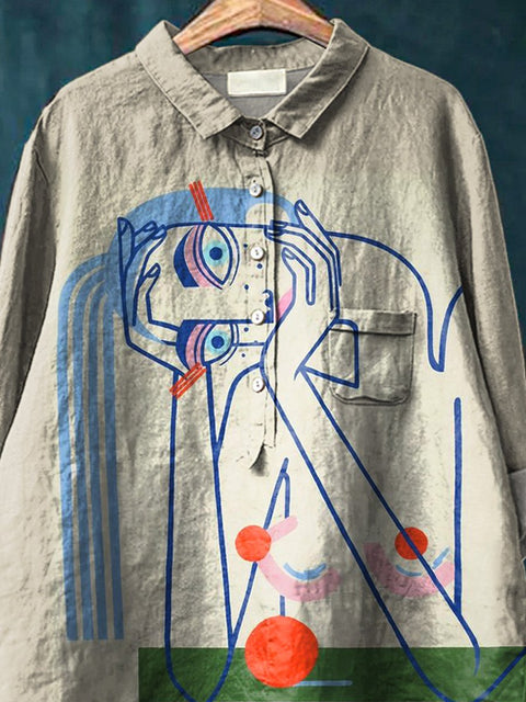 Abstract Lady Portrait Art Printed Women's Casual Cotton And Linen Shirt