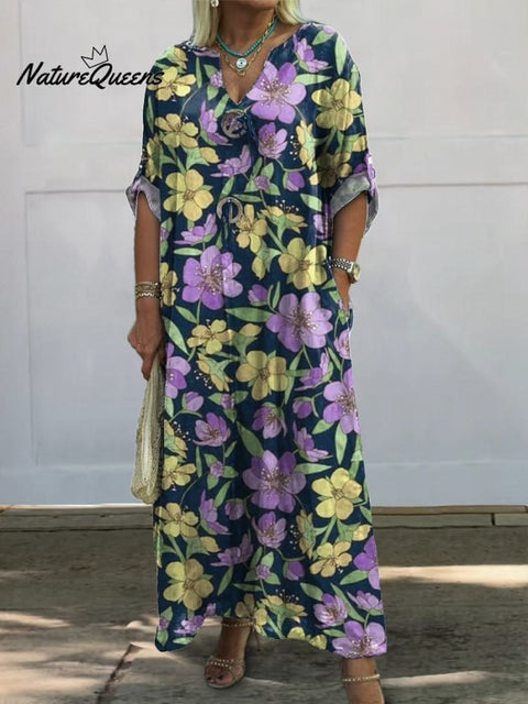 Retro Style Purple And Yellow Floral Pattern Printed Women's Pocket Cotton Dress