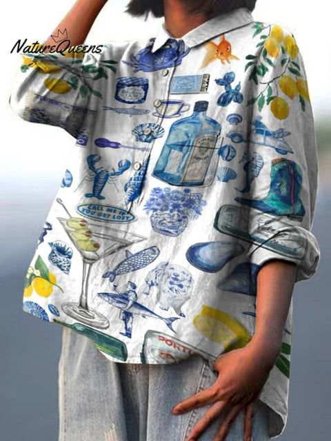 Summer Holiday Lobster Lemon and Cocktail Decorative Pattern Casual Cotton And Linen Shirt