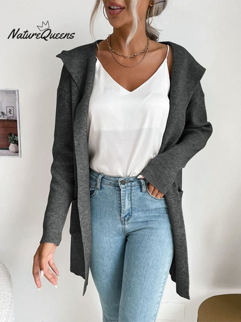 Autumn and Winter Women's Hooded Pit Knitted Sweater Cardigan Jacket