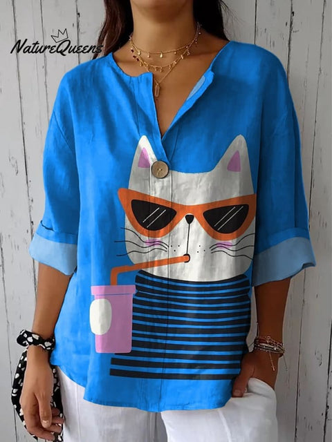 Cartoon Cat In Summer Graphic Printed Women's Casual Cotton Linen Shirt