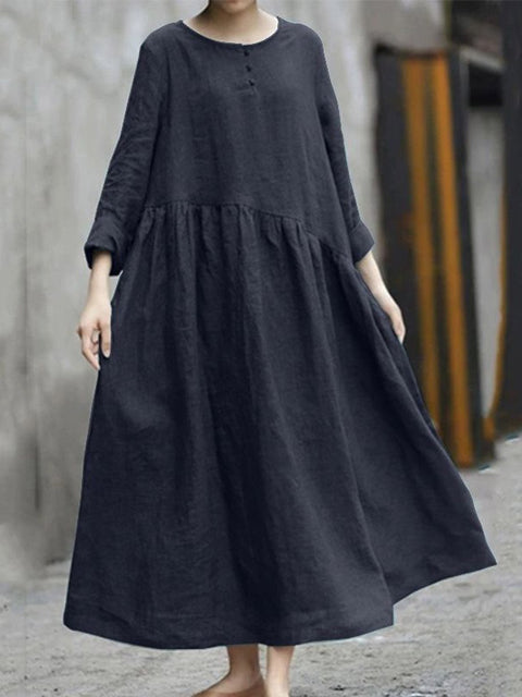 Women's Stylish Casual Loose Long Sleeve Solid Color Cotton And Linen Irregular Pocket Dress