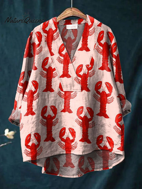 Red Lobster Decorative Pattern Casual Cotton And Linen V-neck Shirt