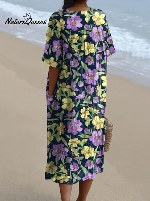 Retro Style Purple And Yellow Floral Pattern Printed Women's Flowy Dress