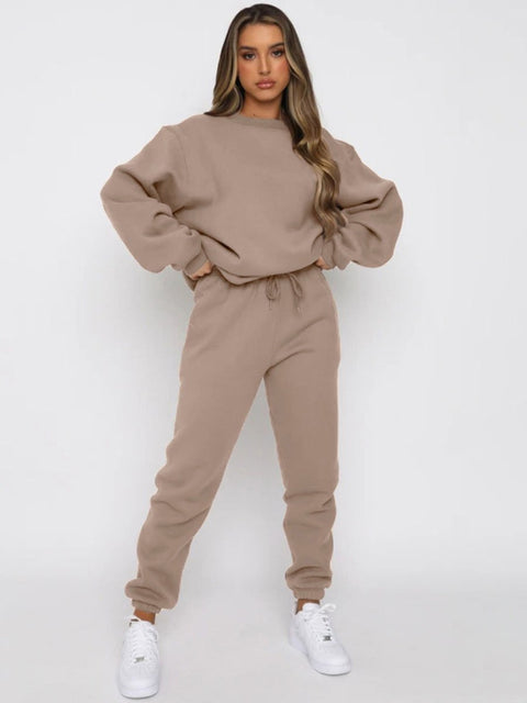 Solid Color Round Neck Long Sleeve Trousers Sweatshirt Suit
