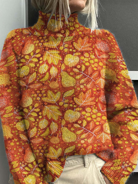 Autumn Leaves and Fruits Decorative Pattern Knit Turtleneck Pullover Sweater