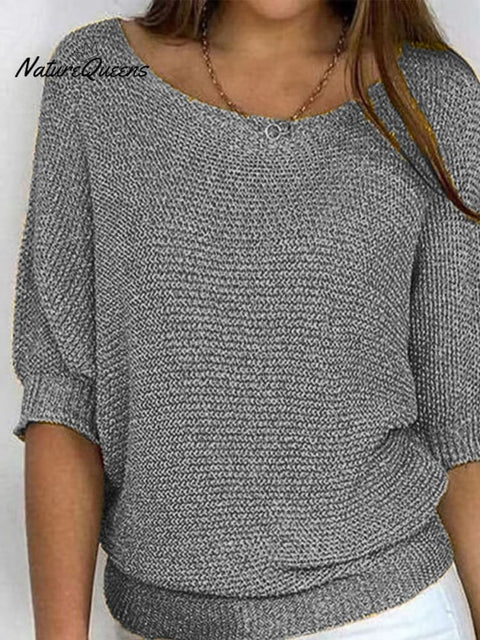 Solid Color Round Neck Three-quarter Sleeve Knitted Sweater