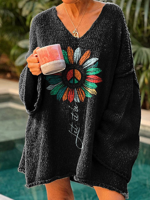 "Let It Be" Sunflower Graphic Printed Women's Casual Pullover Sweater
