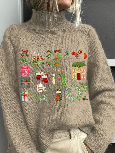 Embroidery   Christmas Art Print Knit Turtleneck Pullover Sweater