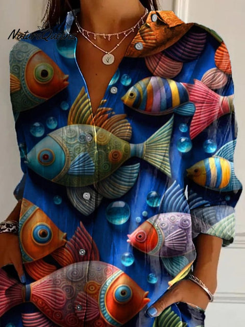 3D Fish Art Printed Women's Casual Cotton Shirt