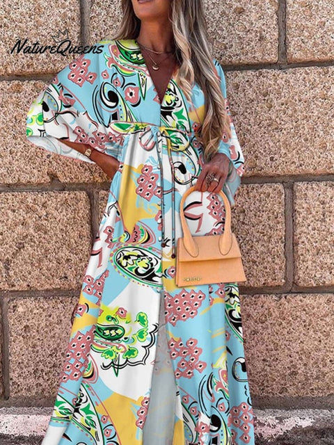 Women's Spring and Summer Casual Vacation Style V-Neck Printed Dress