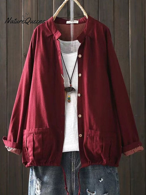 Women's Retro Style Cotton Yarn Solid Color Jacket