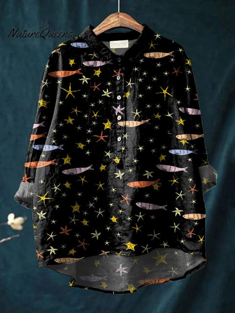 Fish and Starfish Pattern Casual Cotton And Linen Shirt