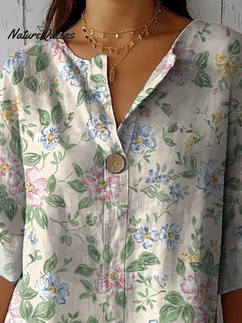 Lovely Hand Drawing Style Floral Pattern Printed Women's Casual Cotton Linen Shirt