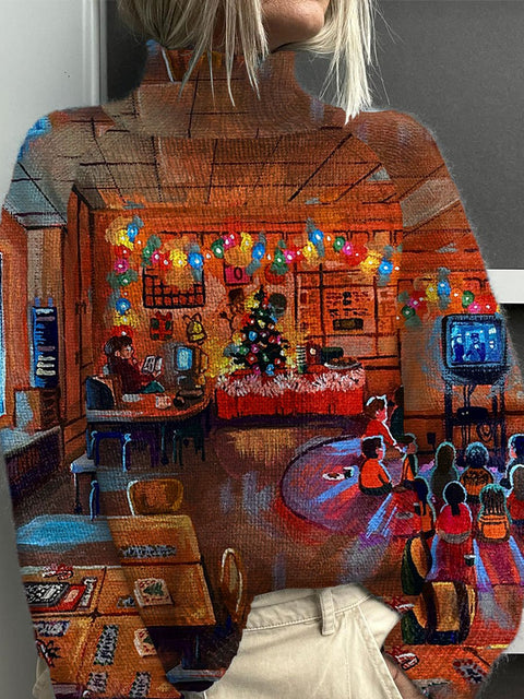 Retro Christmas Holiday Print Knit Turtleneck Pullover Sweater