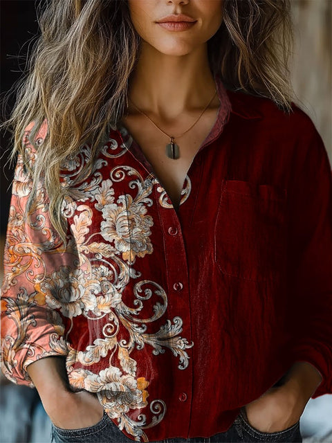 Women's  Retro Floral  Print Casual Long Sleeve Comfortable Cotton Shirt