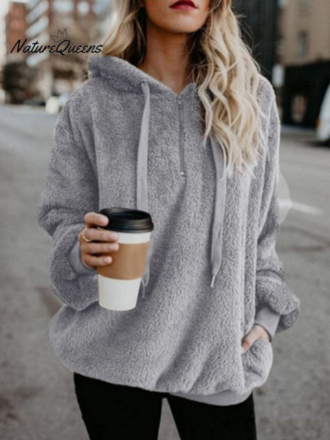 Plush Women's Long Sleeve Hooded Loose Sweatshirt and Fleece Jacket