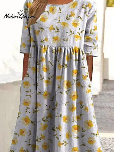 Lovely Daffodil Floral Pattern Printed Women's Pocket Cotton Dress