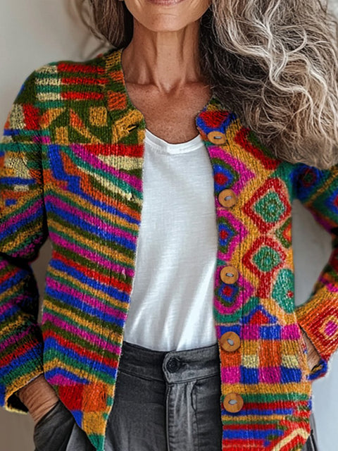 Vibrant Ethnic Pattern Printed Buttoned Cardigan Sweater
