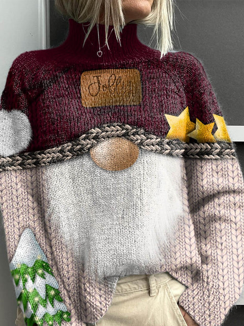 Women's Lovely Christmas Santa Art Print Knit Turtleneck Pullover Sweater