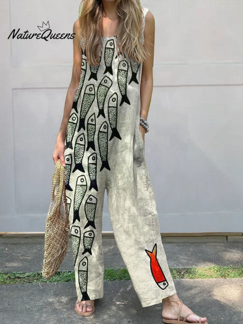 Be The Unique Fish Art Printed Women's Casual 100% Cotton Wide Leg Jumpsuit