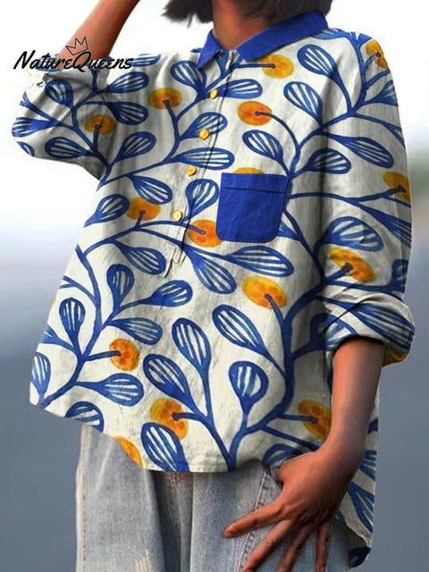 Blue Floral Decorative Pattern Casual Cotton And Linen Shirt