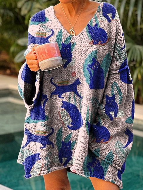 Women's Cute Blue Cat Casual Pullover Sweater