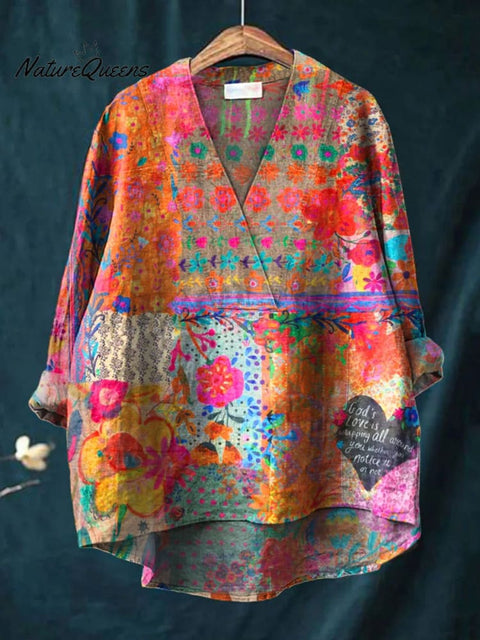Floral Art Printed Women's Casual Cotton And Linen V-neck Shirt