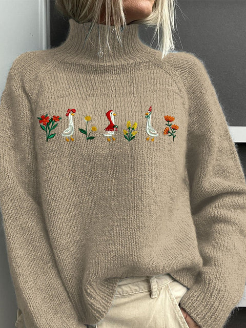Embroidery  Goose Flower Christmas Art Print Knit Turtleneck Pullover Sweater
