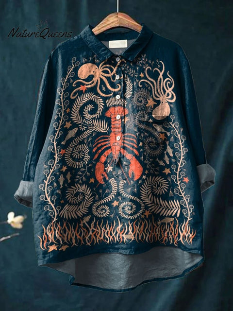 Lobster and Octopus Totem Decorative Pattern Casual Cotton And Linen Shirt