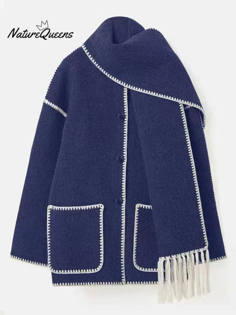 Women's Thickened Loose Woolen Coat with Scarf and Tassels