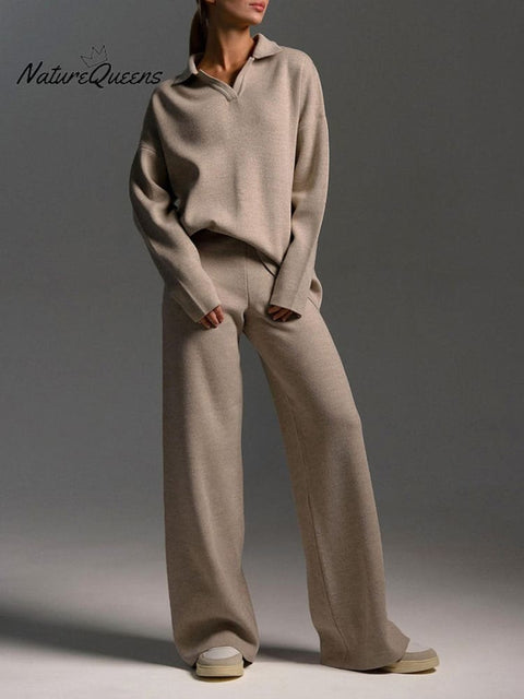 Women's Knitted Polo Collar Sweater And Knitted Wide Leg Pants Two-Piece Set Outfit