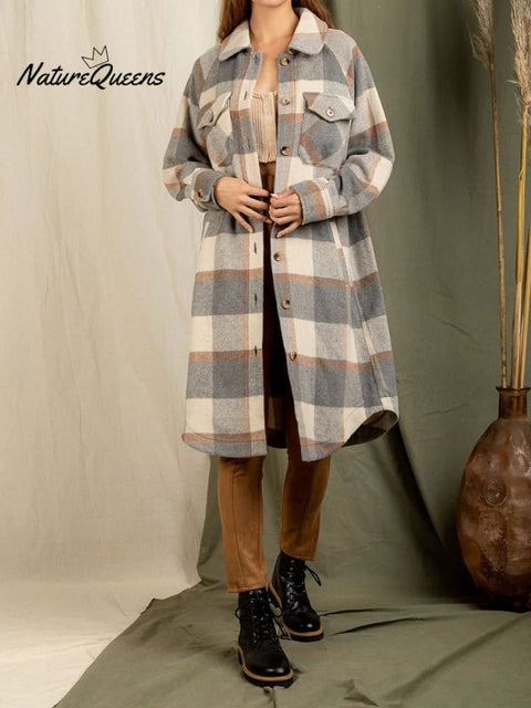 Stylish Lapel Big Pocket Long Sleeve Plaid Jacket Cardigan