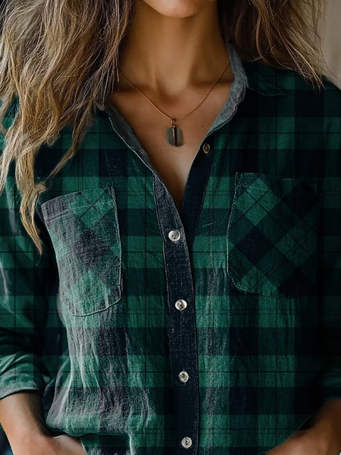 Retro Plaid Pattern Printed Women's Casual Long Sleeve Comfortable Cotton Shirt